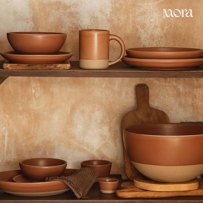 MORA Large Plates Set of 4, 10.5 inch Ceramic Pottery Dinner Plates - Microwave, Oven and Dishwasher Safe - Terracotta