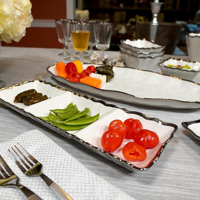Regency Silver 3-Section Porcelain Tray with Scalloped Edges & Metallic Silver Rim, 15" Elegant Serving Tray for Appetizers, Dips & Relishes, Perfect for Entertaining & Everyday