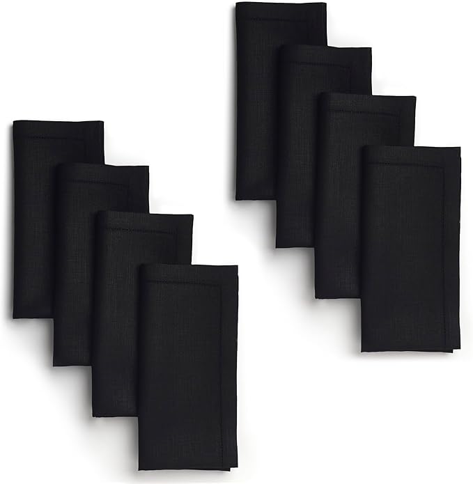 D'Moksha Homes Black Linen Napkins Set of 8 - Classic Hemstitch 100% Pure Linen Hemstitch Dinner Napkins 20 x 20 Inch for Winter, Christmas, Holiday, New Year - Handcrafted and Machine Washable