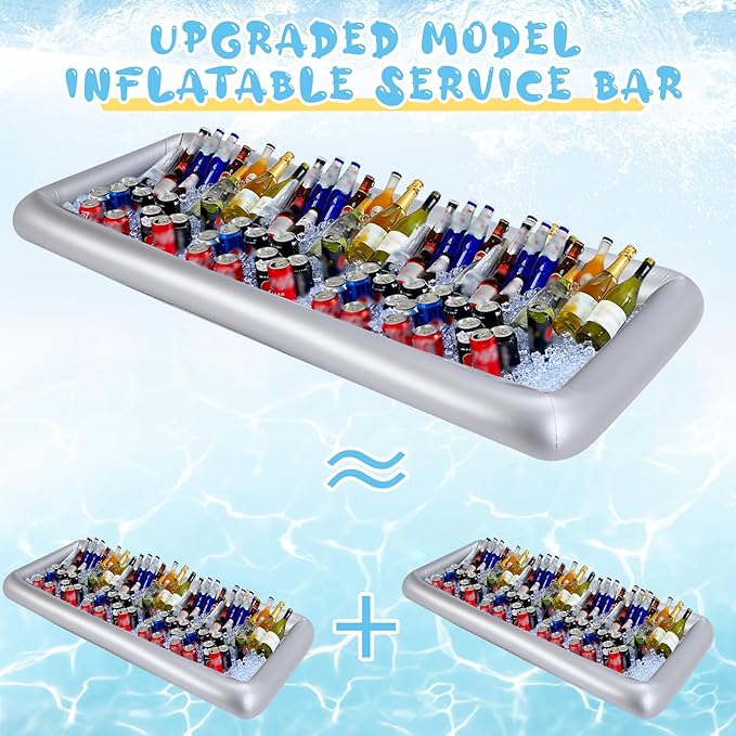 Large Inflatable Serving Bar 72 x 30 x 5'' Inflatable Ice Serving Buffet Bar with Drain Plug for Pool Outdoor Party Picnic (Silver, 1 Pack)