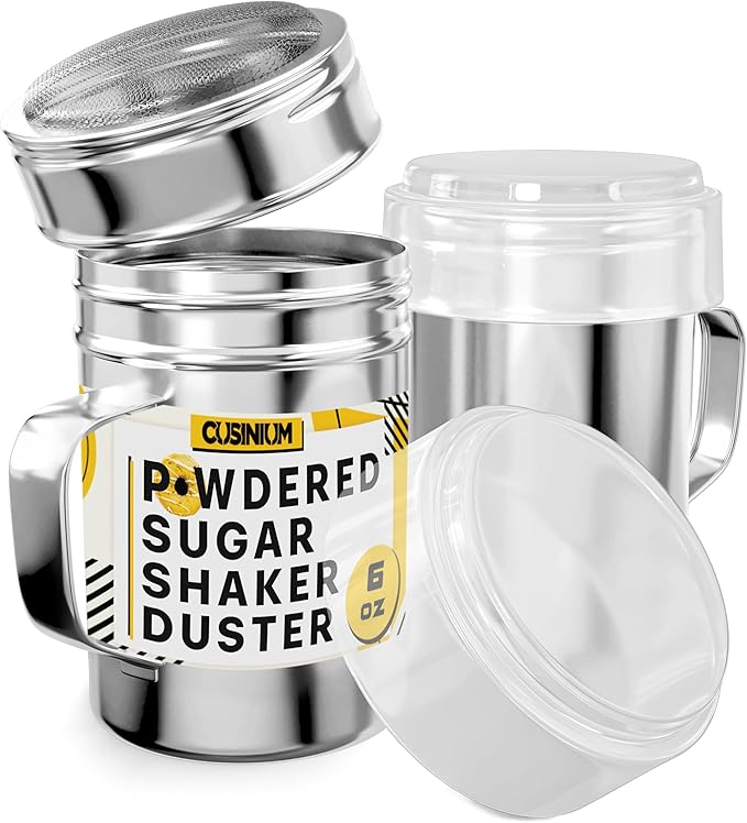 CUSINIUM 6 Ounce Mini Powder Sugar Shaker With Handle - Fine Mesh - With Plastic Cap - Pack of 2