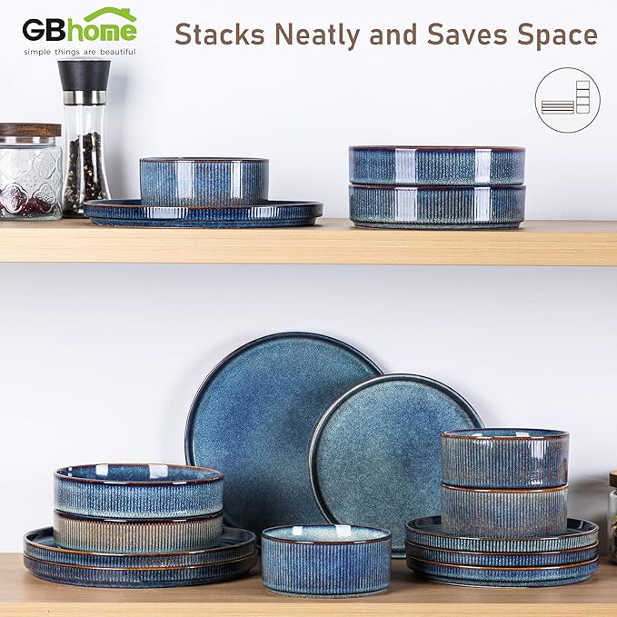 GBHOME 24-Piece Stoneware Dinnerware Set for 8 – Ribbed Ceramic Plates and Bowls, Scratch-Resistant, Microwave & Dishwasher Safe, Reactive Glaze, Ceylon Blue