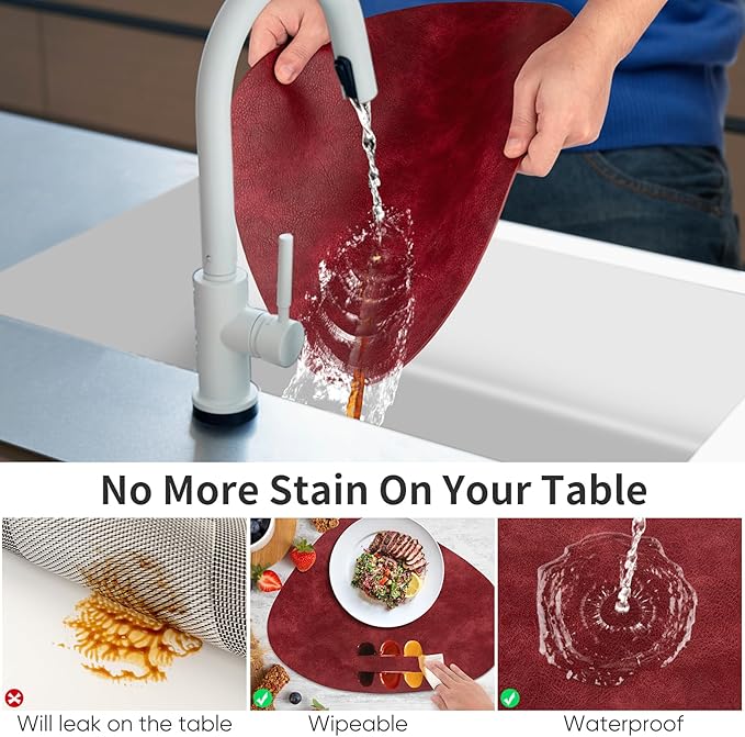ADRIMER Placemats, Heat Resistant Round Placemats Set of 6 Washable 13 x 17 Inch, Waterproof Table Mats Wipeable for Kitchen, Dining Room Table Christmas Decor, Wine Red