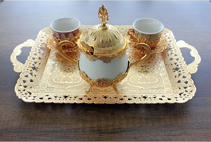 Turkish Vintage Style Entertaining Tray - |15.4” x 10.2”Multi-Purpose, Non-Tarnishing, Zamak Alloy, Decorative Ottoman Style - Rectangular Serving Tray for Coffee & Beverages (Gold)