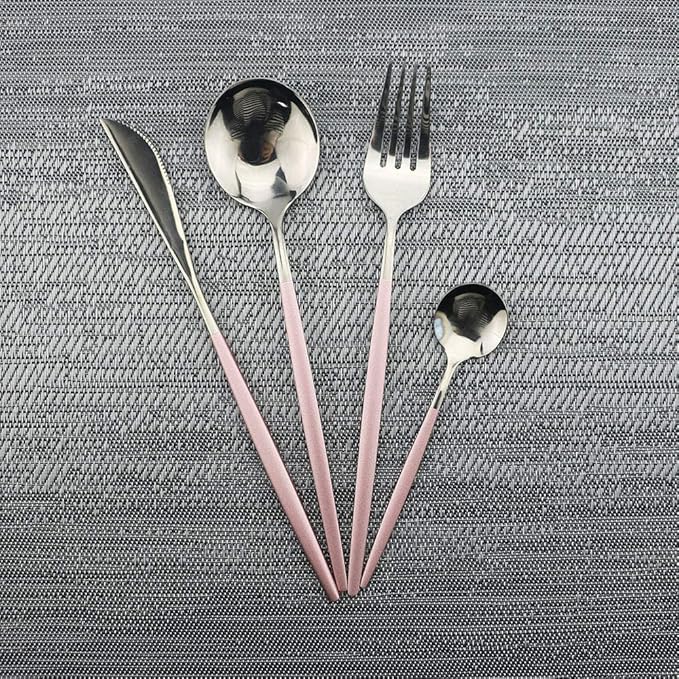 JASHII 24pc Titanium Pink Plated Stainless Steel Flatware Set, Pink Handle Silver Mouth Cutlery Service for 6