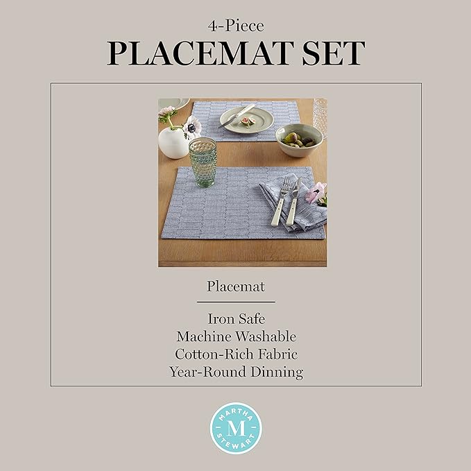 Martha Stewart Honeycomb Modern Farmhouse Reversible Placemat 4-Pack Set, Blue, 13"x17.5"