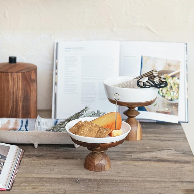 Bloomingville Acacia Wood-Enhanced Stoneware Serving Set, White and Natural, Set of 2