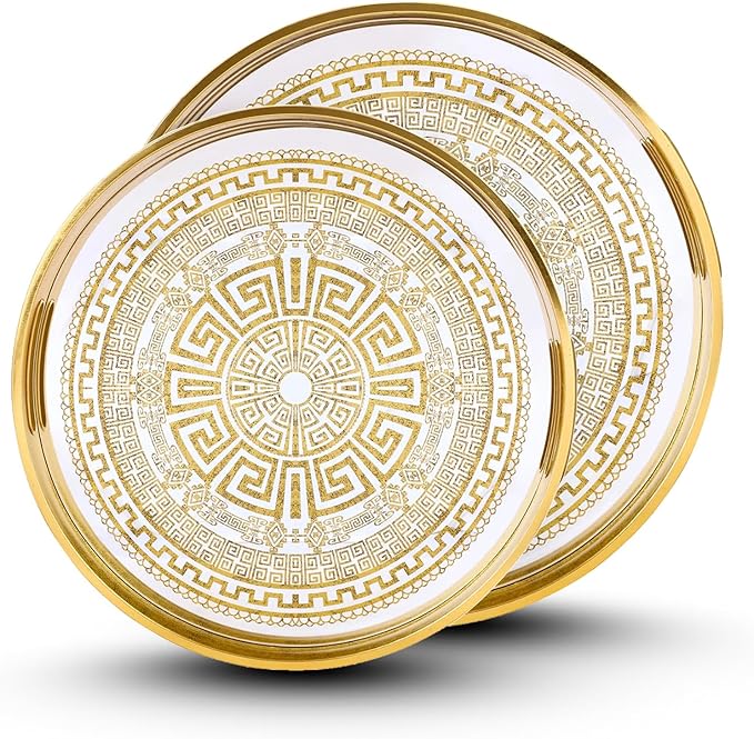 Round Serving Tray with with Handles Antique Look & Stylish Design Decorative Trays for Kitchen Round Ottoman Tray for Dinning Living Room & Home Decor Pack of 2 (Gold)