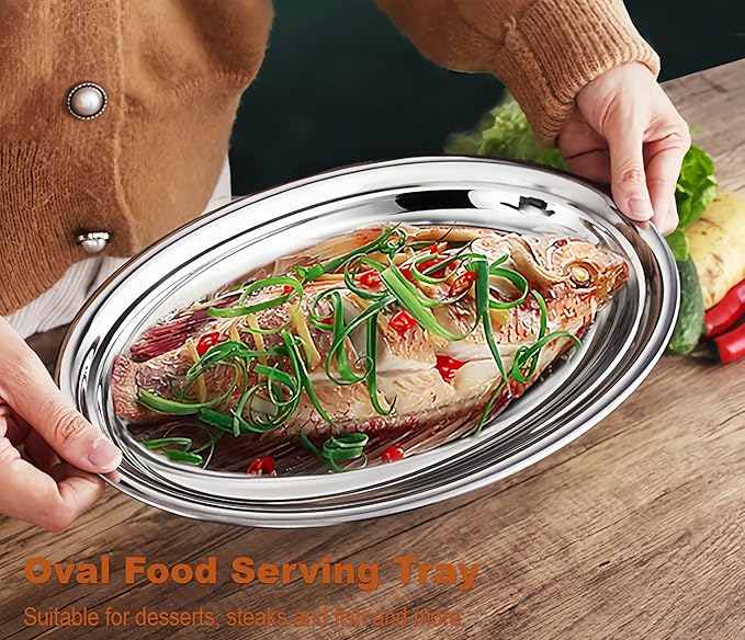 18/8 Stainless Steel Oval Platter,3 Pack Large Oval Steaming Fish Plates,Reusable Polish Metal Serving Trays for Kitchen BBQ, Snack,Salad,Appetizer,Fruit,Dishwasher &Oven Safe,Sliver