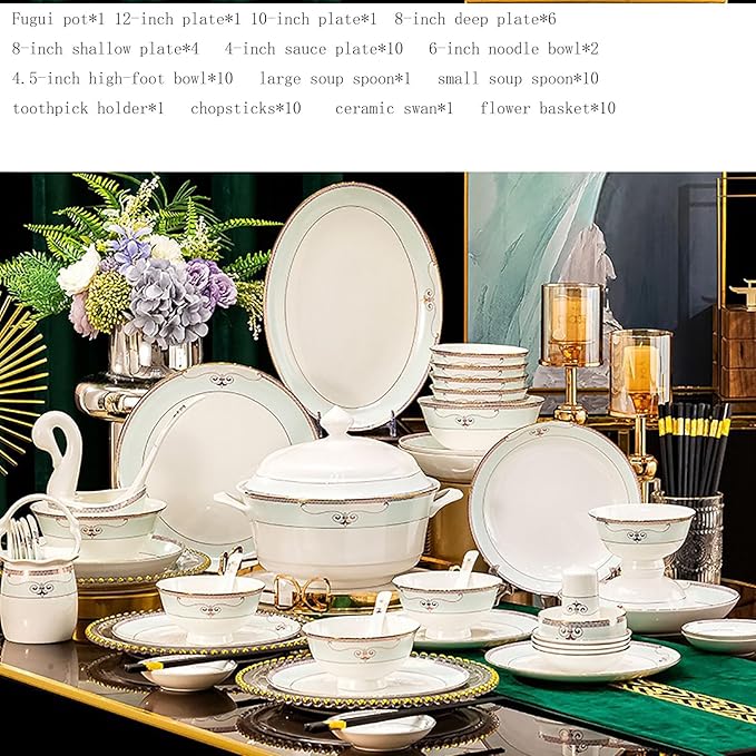 Bone China Tableware Set, 59-Piece Ceramic Tableware, Banquet Tableware for 8-10 People, Microwave-Safe Tableware, White Cyan Bone China