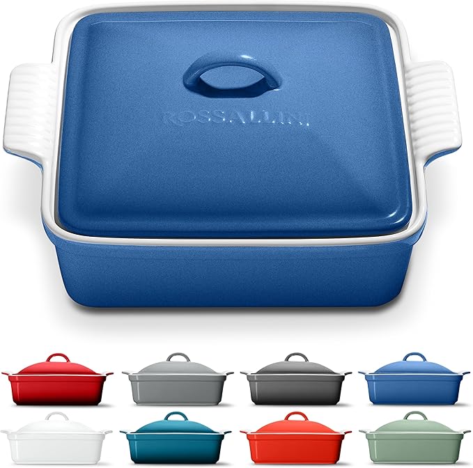 Stoneware Casserole Dish Bakeware with Lid | Covered Square Dinnerware | Large 2.5Quart, [Reactive Blue]