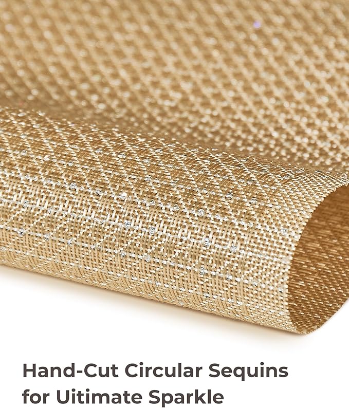 Leetaltree Sparkling Gold Sequin Woven Vinyl Placemats, Set of 8 - Waterproof & Washable Dining Table Mats for Wedding, Anniversary, Daily Use, Hand-Cut
