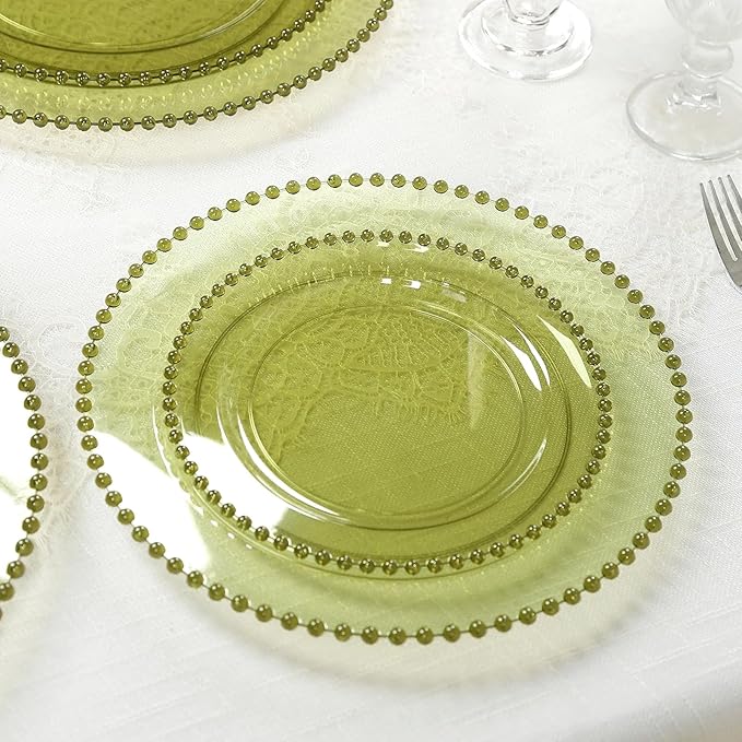 10" Dinner Plates - Set of 30 - Plastic Transparent Dusty Sage Green Round Disposable Plate Beaded Rim, Ideal for Decoration Party Wedding Bulk Events