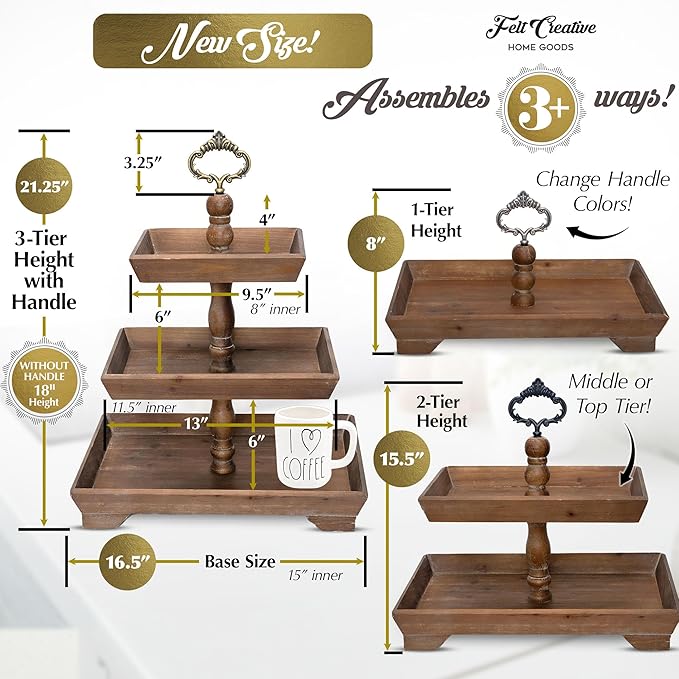 3 Tier Serving Tray [3 in 1] - Gorgeous Coffee Table Tray [Includes 3 Changeable Handles] - Can Assemble into a 1, 2 or 3 Tier Decor - Kitchen Table Centerpiece - Rectangle Wooden Serving Stand