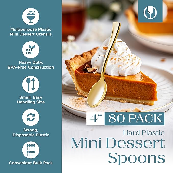 Posh Setting Plastic Mini Gold Spoons, 4 inch Gold Dessert Spoon Disposable, Small Plastic Spoons for Dessert, Tiny Little Appetizer Spoon Golden (80 Pack)