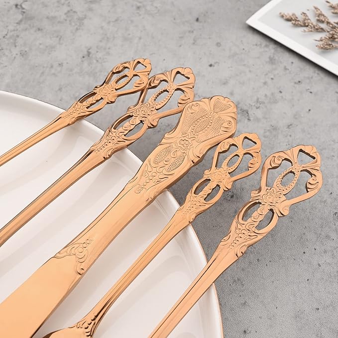 Mirror Polished Copper Silverware Set, 24-Piece 18/10 Stainless Steel Rose Gold Flatware Set Service for 6, Kitchen Utensil Set, Tableware Cutlery Set for Home and Restaurant Dishwasher Safe