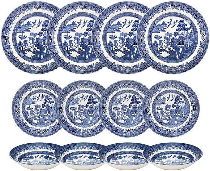 Churchill Blue Willow Dinner Plates, Salad Plates and Coupe Bowls 12 Piece Dinnerware Set, Made In England