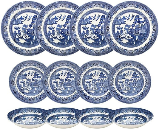 Churchill Blue Willow Dinner Plates, Salad Plates and Coupe Bowls 12 Piece Dinnerware Set, Made In England
