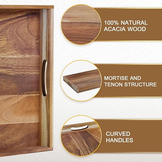 MAONAME Extra Large Ottoman Tray, 32 x 18 inches Wooden Serving Tray for with Handles, Acacia Wood Serving Platter Trays for Living Room, Breakfast