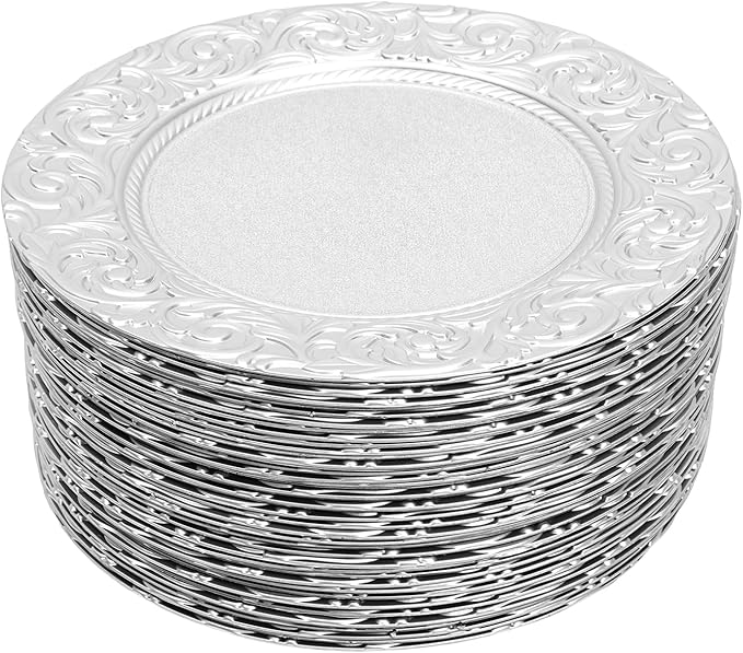 Sliver Plastic Charger Plates Set of 100,13” Reusable Party Chargers for Dinner Plates, Elegant Round Service Plate Chargers Bulk Decorative for Wedding, Catering Table Decor