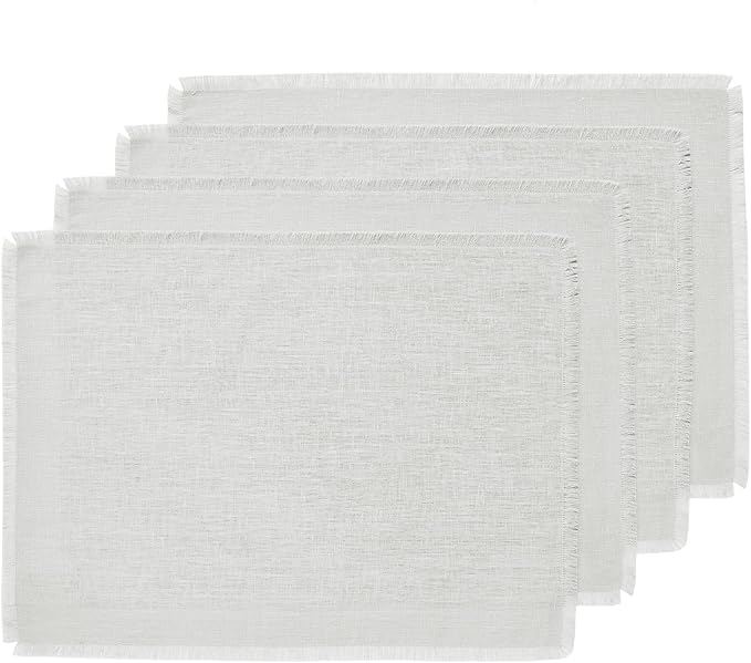 Solino Home Linen Light Grey Placemats Set of 4-100% Pure Linen Placemats 14 x 19 Inch for Christmas, New Year - Fringe, Handcrafted and Machine Washable