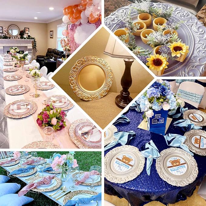 Efavormart Set of 6 | Taupe Green 14" Round Plastic Charger Plates With Engraved Baroque Design Rim For Wedding Party Events