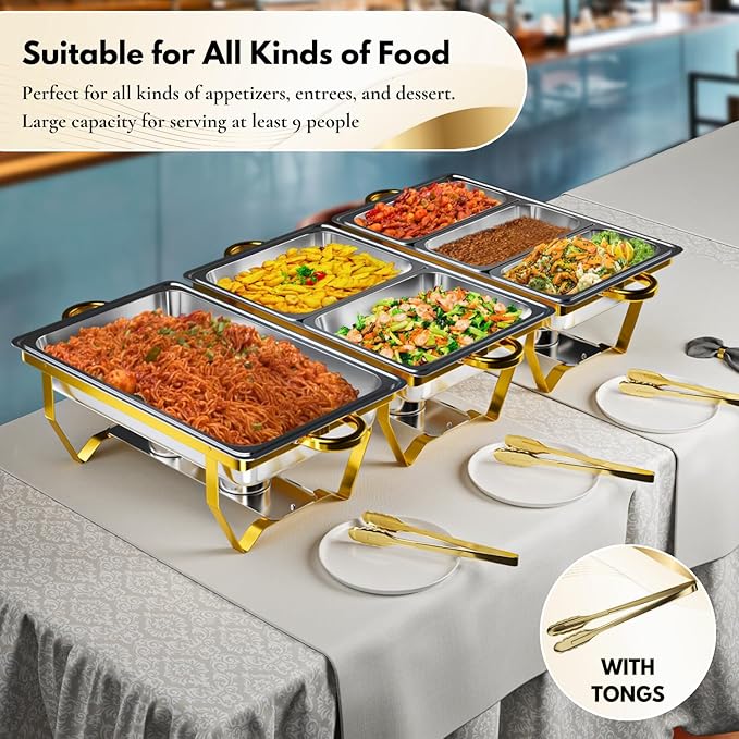 Gold Chafing Dishes for Buffet Set of 6, 9.5QT Chafing Dish Buffet Set, Chafers and Buffet Warmers Set, Stainless Steel Food Warmers for Parties Buffet, Party Food Warmer Buffet Set with Tongs