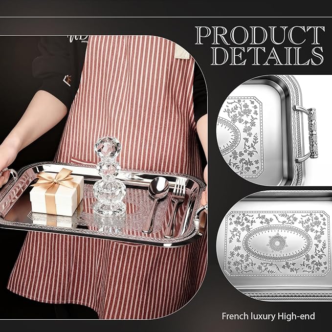 Rtteri Silver Serving Trays with Handles Rectangle Stainless Steel Metal Plate 16.1" x 11.4" Mirror Tray for Cake Cookies Snacks Desserts Fruit Ottoman Coffee Table Living Room Whiskey Table Decor