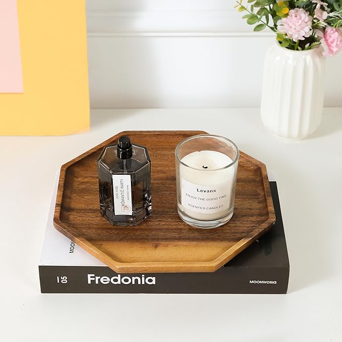 Premium Walnut Wood Octagon Serving Tray 8"-100% Natural Wooden Serving Tray for Coffee Table-Great Ottoman Tray Home Decor Platter-Perfect for Serving Drinks & Food