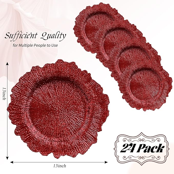 24 Pack Red Charger Plates Bulk, 13" Plastic Reef Chargers for Dinner Plates, Round Charger Plate with Floral Reef Design for Dinner Wedding Party Table Setting Decoration