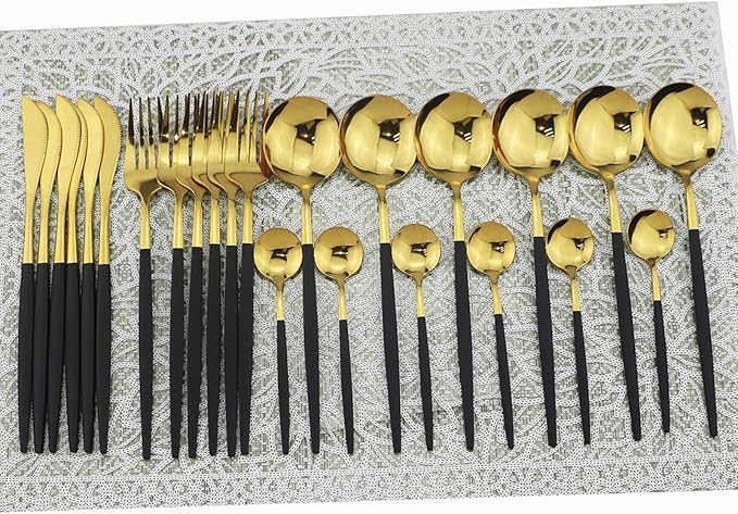 Shiny Silverware Sets, 24-Piece Elegant Cute Black Handle Gold Cutlery set,304 Stainless Steel Silverware Set for Eating Home Kitchen Hotel Restaurant, Sets for 6 People, Dishwasher Safe