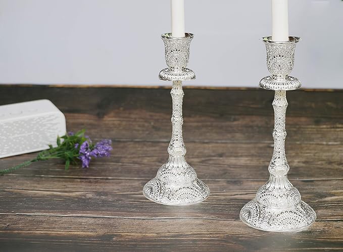 Silver Shabbat Candle Holder with Deluxe Engraved Design, Premium Silver Candlestick as Judaica Gift