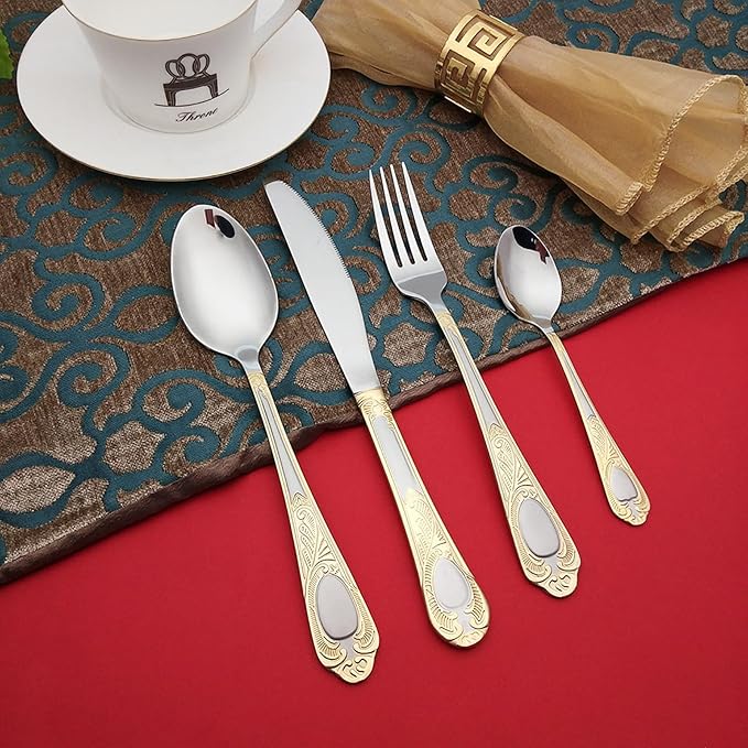 IKXO 24-Pc Premium Silverware Flatware Serving Set, Service for 6, 18/10 Stainless Steel Gold Plated Dining Flatware Gift Package for Christmas and Thanksgiving&Halloween