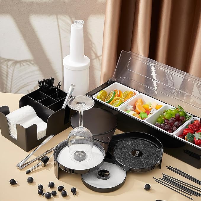 Mifoci Bartending Supplies Garnish Tray with Lid Bar Caddy 3 Tier Glass Rimmer 12 Stainless Steel Bottle Pourers 2 Juice Pour Bottle 1000 Cocktail Straw 3 Serving Tong(4 Compartments,Plastic)