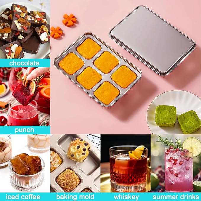 Ice Cube Tray with Lid, 2 Pack 12 Big Cubes, Stainless Steel Ice Cube Trays for Freezer, Ice Cube Molds for Cocktails, Whiskey, Drinks, and Ice Coffee, Easy Release