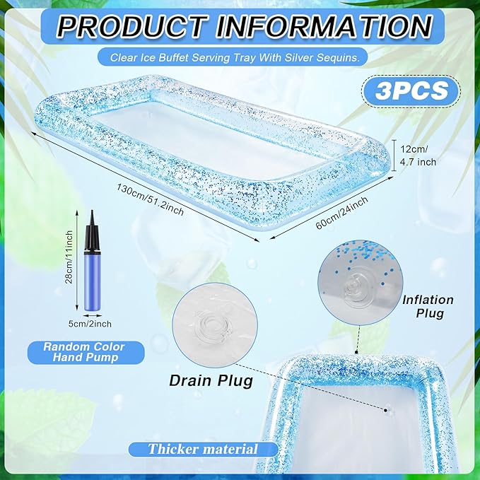 Leitee 3 Pcs Inflatable Serving Bar 52 x 24 x 5'' Ice Buffet Serving Tray Drink Cooler with Drain Plug Inflatable Pool Bar for Party Food Drink Holders with a Hand Pump(Glitter Blue)