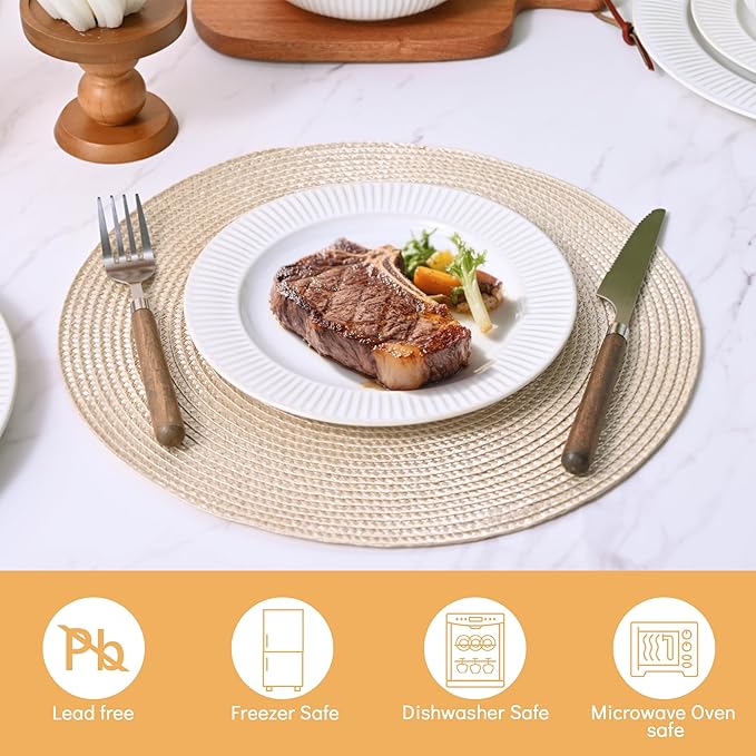Embossed Ceramic Dinnerware Set for 4 - Arctic White Plates & Bowls Set 12 Pieces - Microwave & Dishwasher Safe Porcelain Chip Resistant Handmade Dishware Set Kitchen Gift, Vertical Stripe