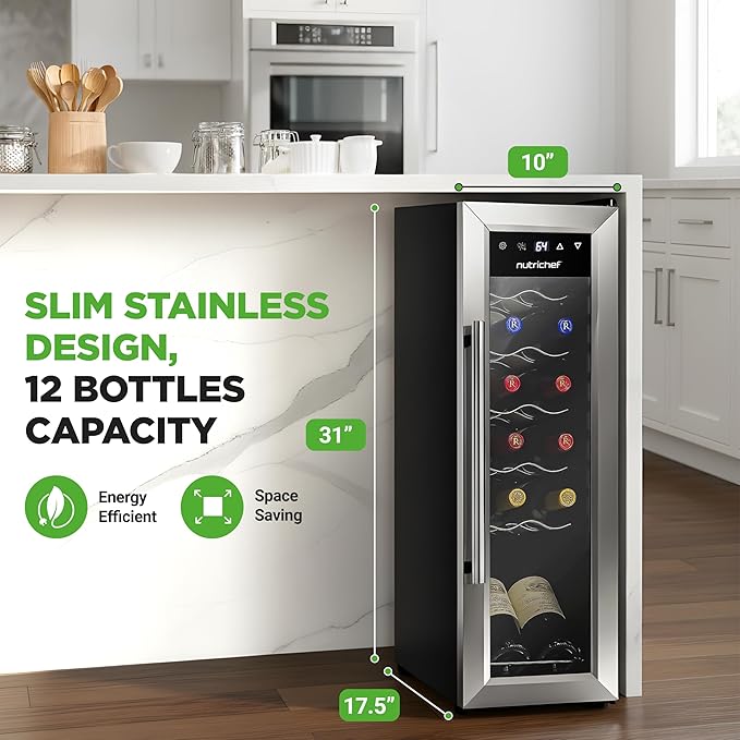 Nutrichef 12 Bottle Stainless Steel Slim Wine Fridge | Red & White Wine Chiller | Adjustable Temperature Control, Ultra Quiet Operation & Energy Efficient | Mini Wine Cooler Refrigerator | 31x10x17 IN