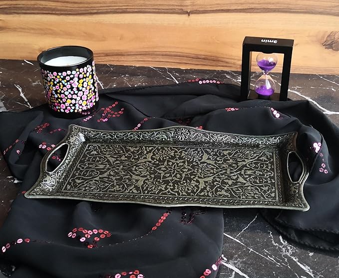 Metal Serving Tray with Raised Edges, Vintage Design Tray, Rectangular Metal Serving Tray, Decorative Serving Platter, Turkish Ottoman Coffee Tea Beverage Serving Square Tray (Smoke Gray)