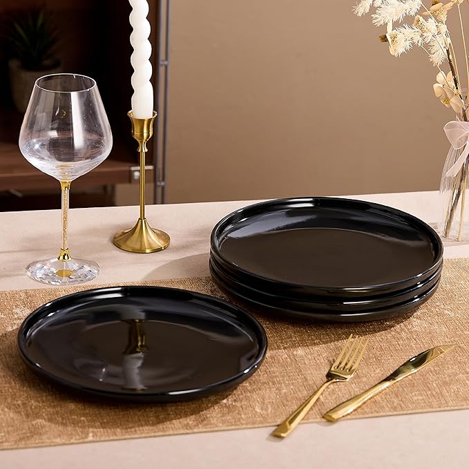 Black Dinner Plates Set of 4,Ceramic Dining Plates 10 Inch,Large Salad Plate,Stoneware Kitchen Plate for Pizza,Steak,Scratch Resistant,Microwave and Dishwasher Safe