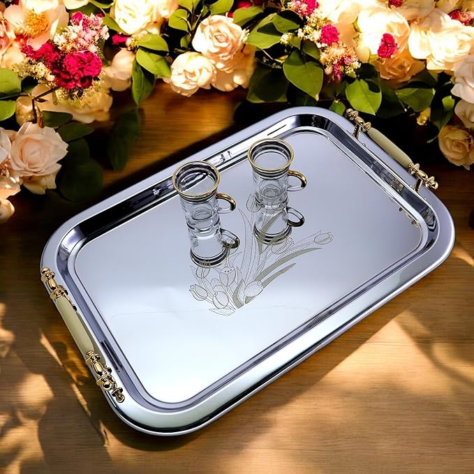(Pack of 2 19.1 inch x 13.4 inch Oblong Chrome Plated Mirror Silver Serving Tray with Handles Stylish Design Engraved Iron Gold Floral Decorative Buffet Platter Plate FST-004