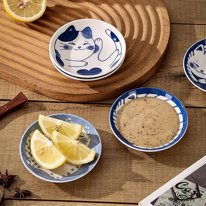 Fashion & Lifestyle Japanese Cute Cat Ceramic Sauce Dish, Seasoning Dish Sushi Soy Dipping Bowl, Appetizer Plates, Serving Dish for Kitchen Home Set of 4