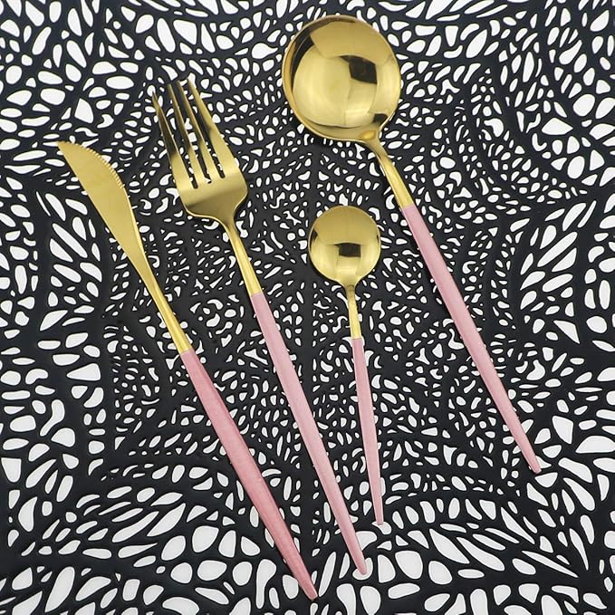 Shiny Silverware Sets, 24-Piece Elegant Cute Pink Handle Gold Cutlery set,304 Stainless Steel Silverware Set for Eating Home Kitchen Hotel Restaurant, Sets for 6 People, Dishwasher Safe