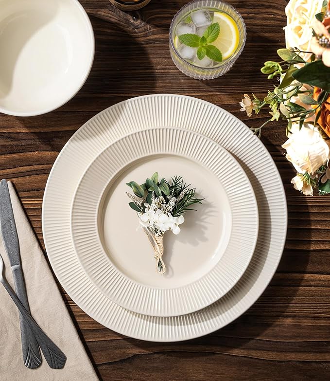TheTerra Stoneware Dinnerware Sets for 4, 12 Pieces Ceramic Plates and Bowls Sets, Scratch Resistant Embossed Dish Set, Oven, Microwave & Dishwasher Safe, Beige