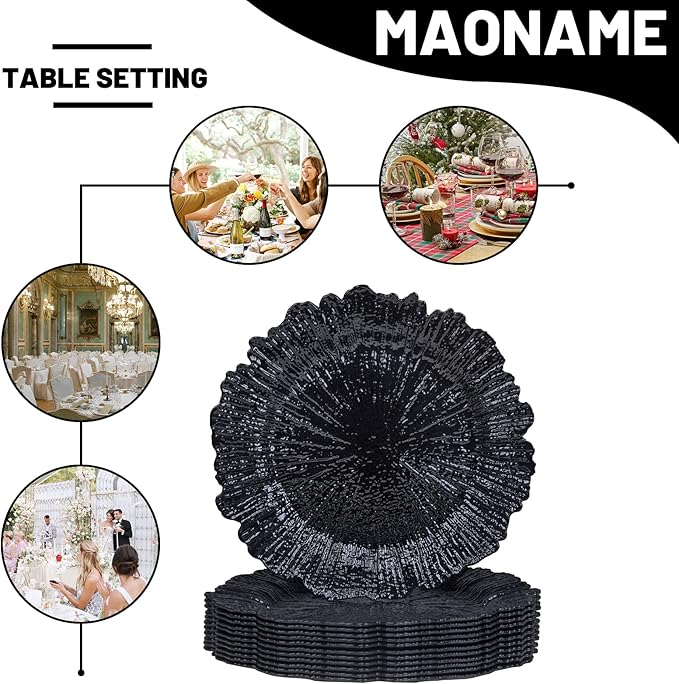 MAONAME Black Charger Plates Set of 12, Reef Plate Chargers for Dinner Plate, Plastic Decorative Plates for Table Setting, Thanksgiving, Christmas