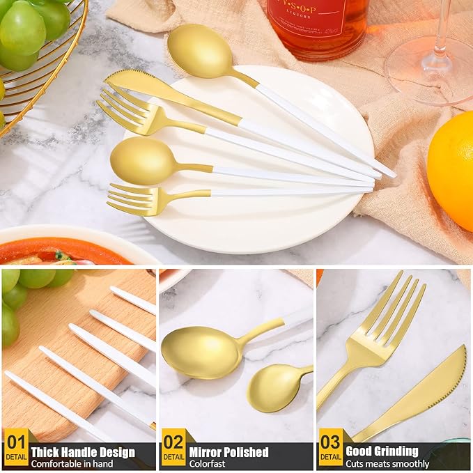 60 Pieces Stainless Steel Tableware Set Silverware Set Flatware Cutlery Utensils Spoon Fork Knives Service for 12 for Home Restaurant Apartment and Kitchens(White Gold)