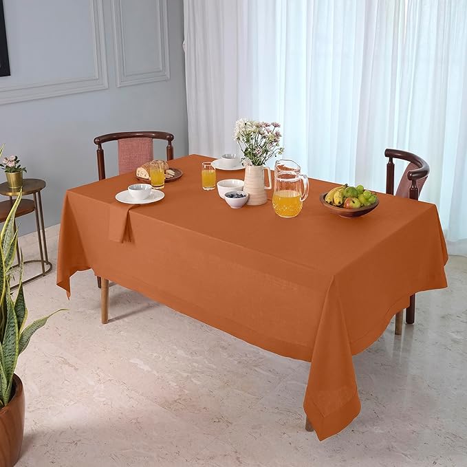 D'Moksha Homes Linen Rust Tablecloth 60 x 132 Inch - 100% Pure Linen Rectangular Tablecloth - Machine Washable Table Cloth for Winter, Christmas, Holiday, New Year