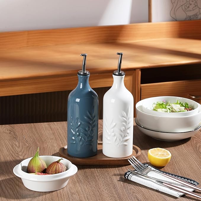 Sweejar Ceramic Olive Oil Dispenser Bottle, 20 Oz Relief Opaque Oil Cruet Protects To Reduce Oxidation, Suitable for Storage Vinegar, Soy Sauce,Liquids,Set of 2 (WhiteFogblue)