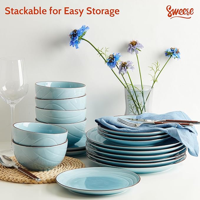 Sweese Porcelain Dinnerware Sets for 6, 18 Pieces Ceramic Plates and Bowls Sets, Handcrafted Minimalist Dinner Set, Chip and Scratch Resistant Dish Set, Dishwasher & Microwave Safe, Gradient Blue