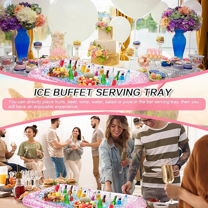 Leitee 3 Pcs Inflatable Serving Bar 52 x 24 x 5'' Ice Buffet Serving Tray Drink Cooler with Drain Plug Inflatable Pool Bar for Party Food Drink Holders with a Hand Pump(Glitter Pink)